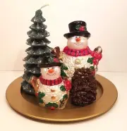 Christmas 5 Piece Candle Garden Two Snowmen Tree Pinecone Metal Plate Candles