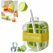 Ice Bottle Cup,2 in 1 Zero Touch Press Ice Cube Mold Water Bottle with Lid and Bin,Easy Press to Release Vertical Ice Cube Tray with Lid (Green,500ML)