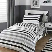 Bedlam - Black & White Checkered Duvet Cover - Double Size (200 x 200cm) - Reversible (2 Designs) - Striped & Check Pattern, Monochrome