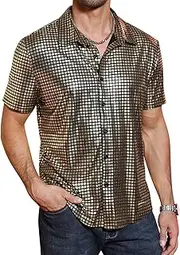 [TURETRENDY] Men's 70s Disco Shirts Metallic Sequins Shiny Short Sleeve Party Shirts Nightclub Prom Costume