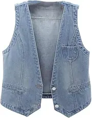 [OFFSUM] Women'S Denim Vest - Fashion Spring Summer V-Neck Denim Vest Korean Style Sleeveless Front Button Loose Outdoor Jacket Streetwear Top