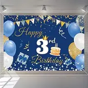 3rd Birthday Decorations Happy 3rd Birthday Backdrop Banner for Boys/Girls Happy 3 Years Old Fabric Sign Poster, Blue Photography Background Third Birthday Party Table Decoration, 59"x35.4"