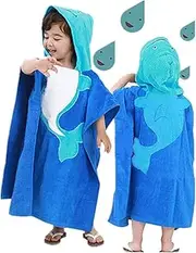 InsHere Hooded Poncho Towel for Kids, Organic Cotton Toddler Robes Wrap, Large Size 25"x25" Cover up for Shower Beach Swim, Super Absorbent & Soft with Cartoon Design Blue Dolphin