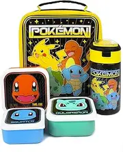Pokemon Lunch Bag 5 Piece School Dinner Bag, BPA Free Water Bottle & 3 Snack Pots Pikachu Bulbasaur Squirtle Charmander Containers One Size