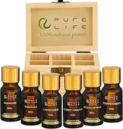 Pure Life Top 6 Essential Oils Organic Natural Oil Gift Set for Diffuser Humidifier Massage Revive Aromatherapy Skin and Hair Care Eucalyptus Lavender Peppermint Vanilla Sweet Orange Jasmine