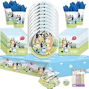 Bluey Birthday Party Supplies with Tablecloth, Plates, Napkins, Cups, Sticker & Candles, Bluey Party Decorations Boys & Girls, Serves 16 Guests, Fun Set for Parties & Themed Celebrations