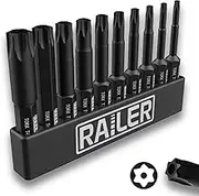 Railer Tamper Proof TORX Bit Set - Premium S2 Steel 6 Point Security Screwdriver Bit Set with a Bitrail - Precision CNC Machined 10PC 2" Star Bits Set (T8, T9, T10, T15, T20, T25, T27, T30, T40, T45)