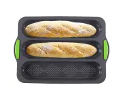 Silicone Baguette Pan Non-Stick French Bread Baking Mould, 3 Wave Loaves Loaf Bake Mold Toast Cooking Bakers Roll Pan Sandwich,Dark Gray + Green Handle