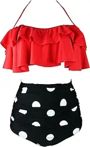 [COCOSHIP] Women's Retro Boho Flounce Falbala High Waist Bikini Set Chic Swimsuit(FBA)