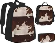 [ERCgad] Red Brown Cowhide Print Canvas 3-In-1 School Bags Set Backpack Lunch Bag Pencil Case Combo For Men Women, Black, One Size