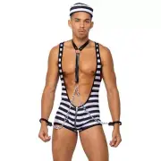 Prisoner Costume Set Striped Singlet Harness Chain Cuffs Hat Inmate Convict 6208