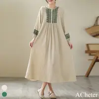 在飛比找momo購物網優惠-【ACheter】森女系半開圓領刺繡棉長袖連身裙寬鬆百搭顯瘦