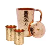 Pure Copper Hammered 2 Liter / 67.62 Oz Water Copper Pitcher/Jug and 2 Tumbler