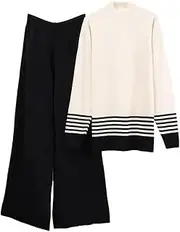 [Generic] Women Half High Collar Sweater Set Spring Clothes Contrasting Color Splicing Pants 2 Piece Sets Womens Outfits