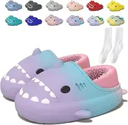 [Jfxgjuv] Sharklas Originales Kids Polares, Shark Slides Winter Cute Plush Animal Shark Slippers Fuzzy Warm Soft No-Slip House Shoes for Women Men Kids, Purple Blue Pink, 12.5-14 for big kid