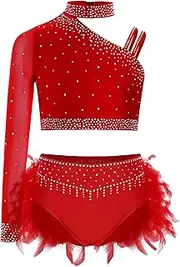 [Riismen] Girls Jazz Latin Dance Costume 2 Piece Sparkle Irregular Shoulder Crop Tops with Feather Briefs Set