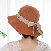 [qqqqqq] Knitted Hat Versatile Beach Hat Sunscreen Mask Hat Sun Hat Female Summer Breathable Hat Big Brim Bow Fisherman Hat-Caramel||Adjustable