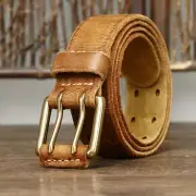 Men Double Prong Brass Buckle Leather Belt Retro Casual Pant Jeans Waistband