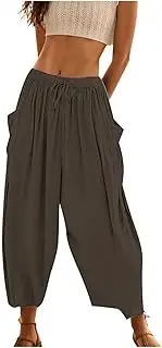 Linen Wide Leg Pants for Women Baggy Elastic Waist Summer Palazzo Harem Pants Drawstring Casual Pants with Pockets