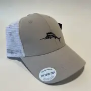 TOMMY BAHAMA Swordfish Logo “Tip Your Cap” Trucker Hat Khaki/White