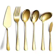 6-Piece Gold Serving Flatware Silverware SetStainless Steel Serving Utensil S...