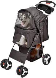 4 Wheels Pet Stroller Dog Cat Cage Puppy Pushchair Travel Walk Carrier Pram Black, Collapsible for Storage Travel Pet