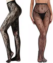 [JCGJC] Patterned Tights for Women UK, Fashion Heart & Floral Tights, Black Lace Fishnet Tight, Black, One Size