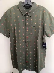 New RVCA Designer Street Style Button Font Short Sleeve Shirt Size L Army Green