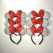 24 pc Minnie Mickey Mouse Ears Headbands Shiny Sparkle Silver Red Bow Birthday P