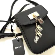NWT Original DKNY Cleo Flap Phone Crossbody Bag Black Charm Dangle Letters Gold