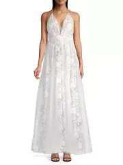 Aidan Mattox White Embroidered Floral Mesh Gown Size 10