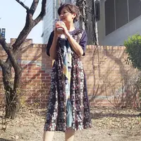 在飛比找momo購物網優惠-【BBHONEY】韓國空運春裝幾何碎花拼接短袖寬鬆中長款連身