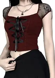 [YINGWIN] Women's Gothic Floral Mesh Crop Tops Square Neck Alt Blouse Y2K Lace Casual Slim T-Shirt