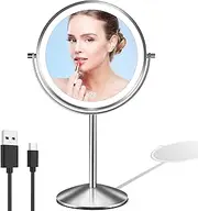 LOVESPEJO Lighted Makeup Mirror with Magnification, 8" Rechargeable Magnifying Mirror with Light, 1x/10x 360°Rotation Touchscreen Make up Mirror, 3 Colors Brightness Adjustable Vanity Mirror, Chrome