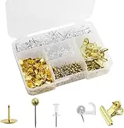 465 Thumb Tacks,5 Types Push Pins for Bulletin Board,Gold Thumbtacks,Clear Push Pins,Clip for Cork Boards Map Photos Home Office Craft Projects