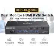 HDMI KVM Switch Dual Monitor 4K@60Hz 4 Port USB 3.0 KVM Switcher for 3 Computers