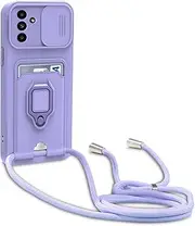 [Dllatui] Mobile Phone Case Compatible with Samsung Galaxy A13 5G/A04S, Necklace Lanyard, Silicone Case with Camera Protection Slider, Rotating Stand with Card Slot, Necklace Case (Purple)