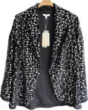 Monsoon Velvet Sequin Jacket L / UK 16 18 Black Open Front Lyla Blazer
