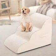 Dog Steps for Small Dogs, 16" High 3-Step Foam Pet Stairs for Beds and Couch - for Injured, Older Dogs Cats, Pets With Joint Pain (Beige)