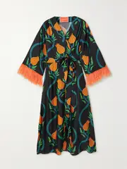 [La DoubleJ] La DoubleJ - Feather-trimmed Printed Silk-twill Wrap Midi Dress - Navy - x small x small Blue