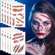Halloween Tattoo Scars, Halloween Wounds, Realistic Motifs, Temporary Tattoos, Face Stickers with Fake Scab Blood Scratches, Waterproof Tattoos for Carnival, Halloween Make-Up, 10 Sheets