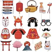 20pcs Japanese Party Photo Booth Props Set - Assorted Designs Including Koinobori, Lantern, Kitsune, Sushi, and Fan - Pre-Assembled for Baby Showers, Birthdays, Weddings, Cosplay, an