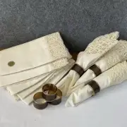 VTG ~ 6 Round Brass Brown Enamel Napkin Rings & 8 Permanent Press Napkins NWT