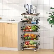 CHLORYARD 5-Tier Wire Organizer Basket with Wheels, Detachable Wooden Top, Kitchen Storage Cart, Fruit Vegetable Storage Bins, Brown