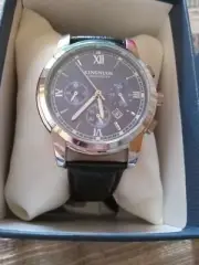 Mens Watch NIB Waterproof Kingnous Chronometer Blue Face Steel Leather Date Dads
