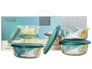 Glass Container Set of 3 (650ml x 1, 350ml x 2) Kitchen Storage Lunch Box Set