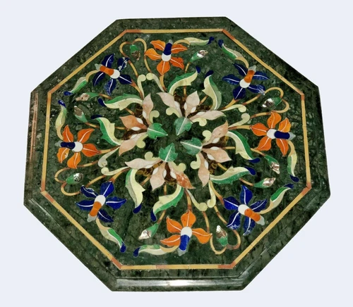 15" Green Marble top Table Semi Precious Stones floral Handmade Work