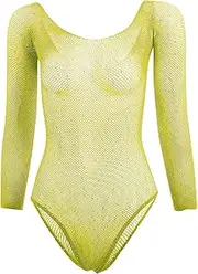 [YISHUP] Women Sexy Sparkle Rhinestone Teddy Fishnet Off Shoulder Bodysuit Tops Long Sleeve One Piece Clubwear Lingerie Mesh