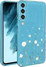 [BEENTRYS] Flowers Mobile Phone Case for Samsung Galaxy A70, Glitter Floral Aesthetic Design Women Girls Shockproof Soft TPU Silicone Glitter Protective Case for Samsung Galaxy A70 (S203-Blue)