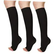 3 Pairs Open Toe Compression Socks Women Knee High Toeless 15-25 mmHg (XXL)